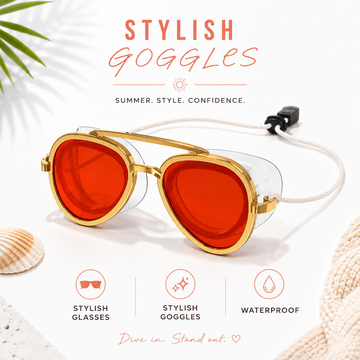 WaveLens Coral - red lens gold frame swim goggles