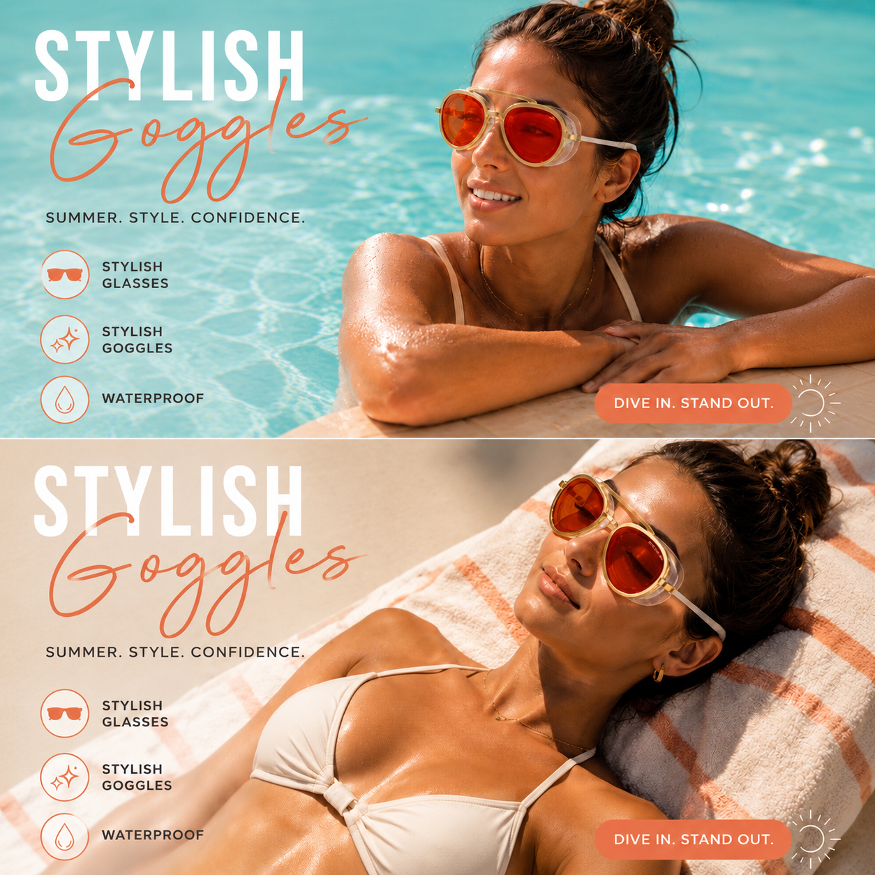 WaveLens swim goggles that look like sunglasses worn poolside