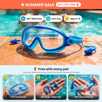 Sunlido kids swim goggles all blue - single wide lens, case, attached ear plugs, nose clip