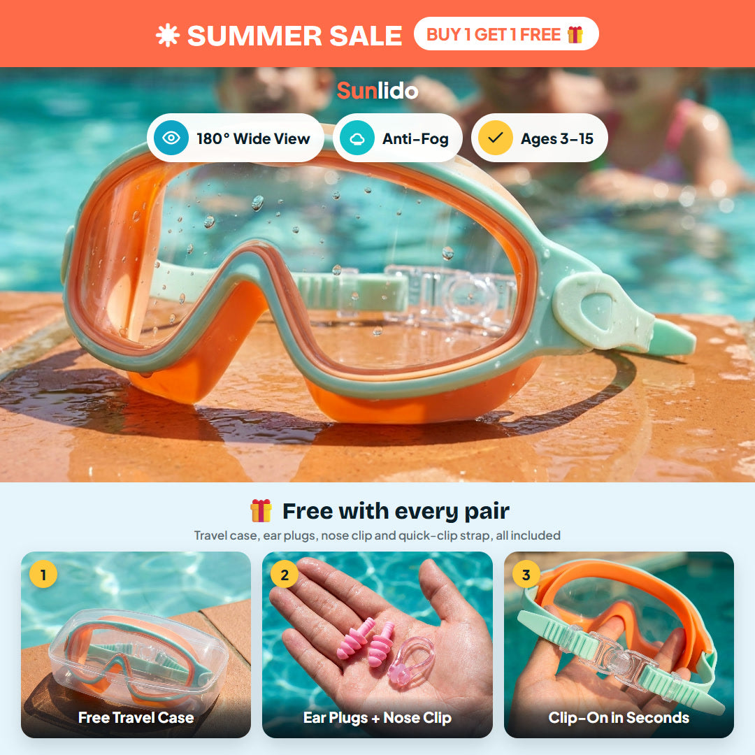 Sunlido kids swim goggles orange mint - ribbed ear plugs