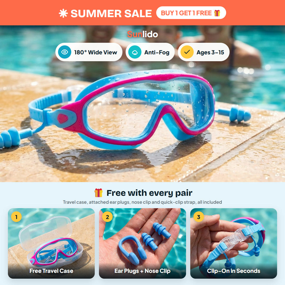 Sunlido kids swim goggles pink blue - single wide lens, case, attached ear plugs, nose clip