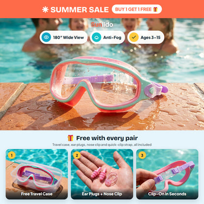 Sunlido kids swim goggles pink mint purple - ribbed ear plugs