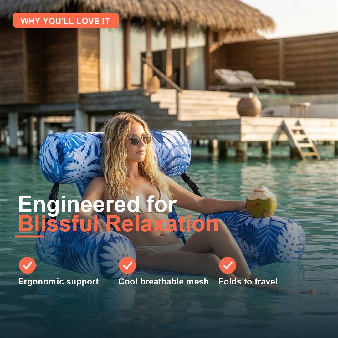 Engineered for blissful relaxation: ergonomic support, cool breathable mesh, folds to travel