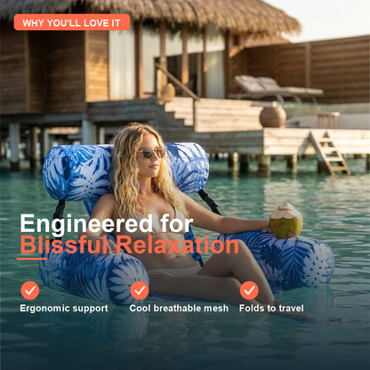 Engineered for blissful relaxation: ergonomic support, cool breathable mesh, folds to travel