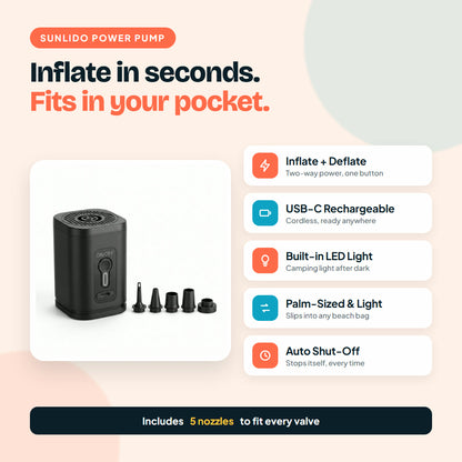 Pump features: inflate and deflate, USB-C rechargeable, LED light, palm-sized, auto shut-off, 5 nozzles