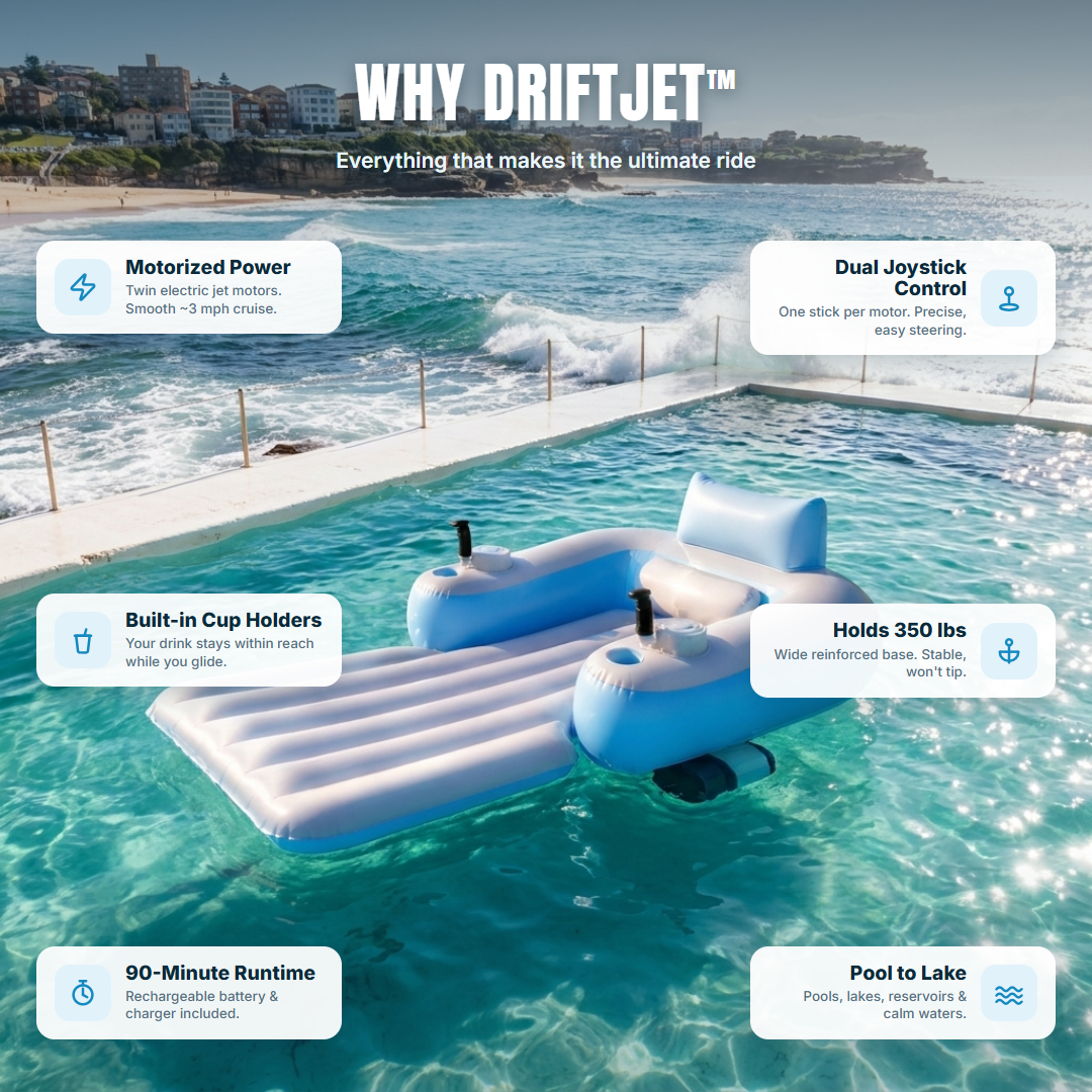 Why DriftJet — features over Bondi product photo