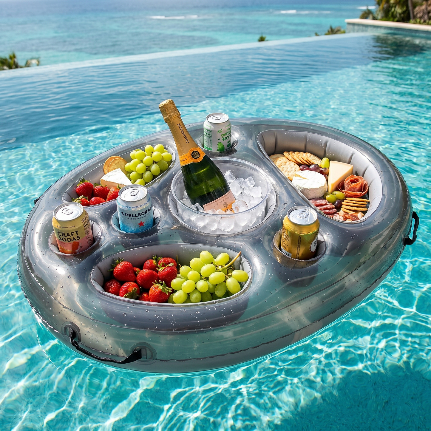 Sunlido FloatBar drink station loaded with cans, champagne and snacks, floating in a luxury pool